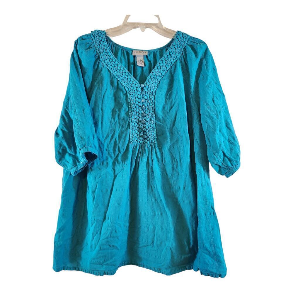 Catherine's women's sz 1X 18/20 cotton tunic blouse tealโ 3/4 sleeve